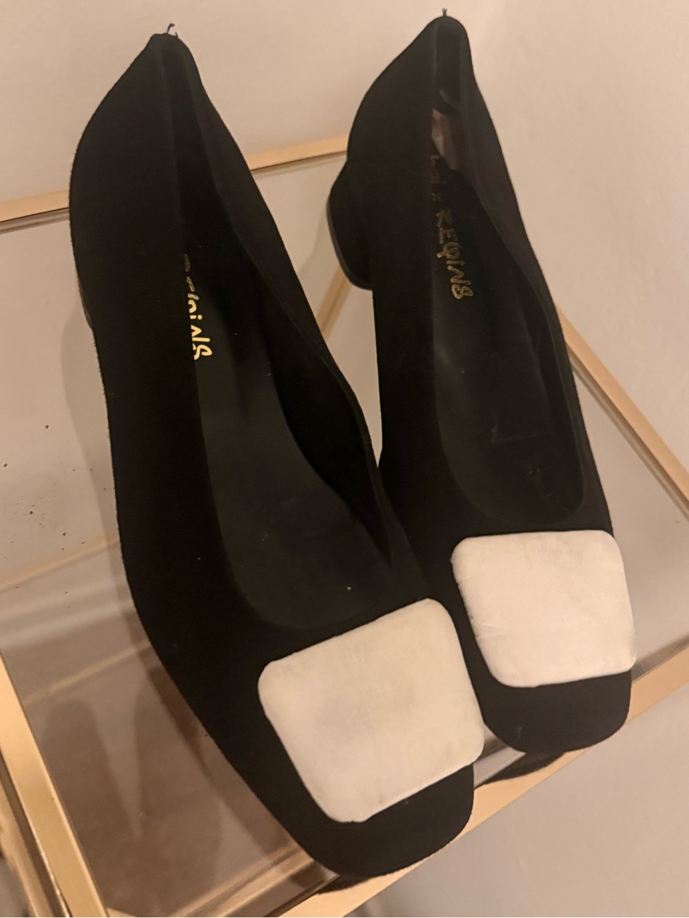 Hai x Reqins Black Suede Flats with White Square Accent - Classic Women's Shoes
